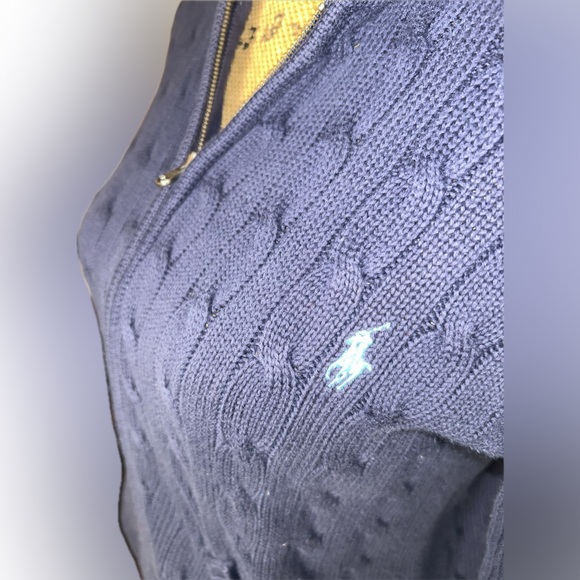 Ralph Lauren Navy Blue Preppy Cable Knit Zip Up Cotton Cardigan Hoodie Sweater M - Picture 4 of 8
